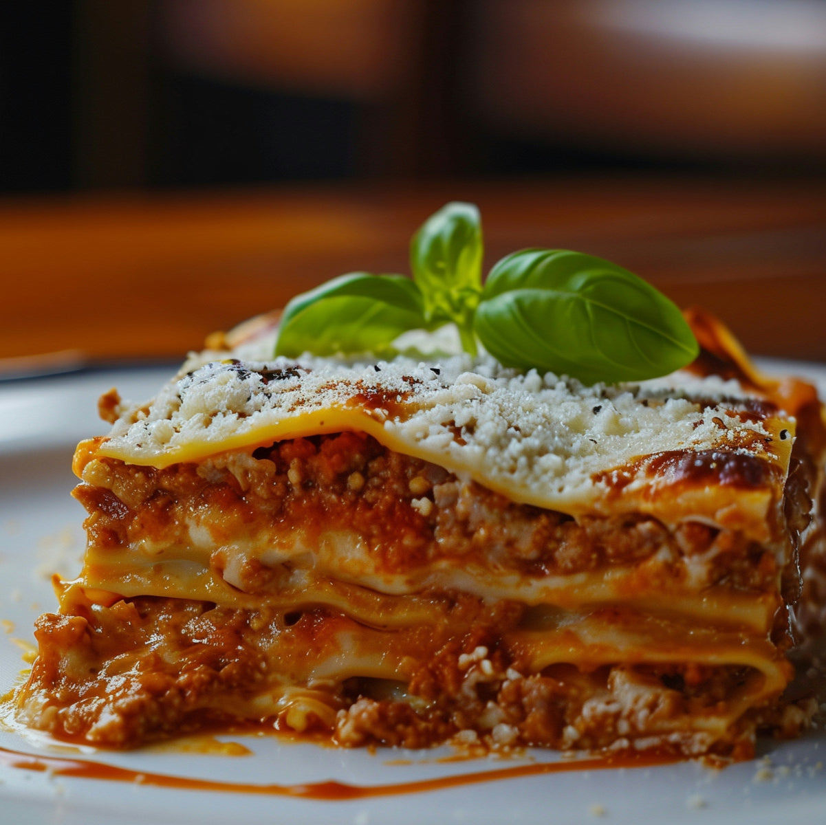 Vers bereide Italiaanse lasagne met gehakt, tomatensaus en basilicum bij L’ARCO Food & Wine