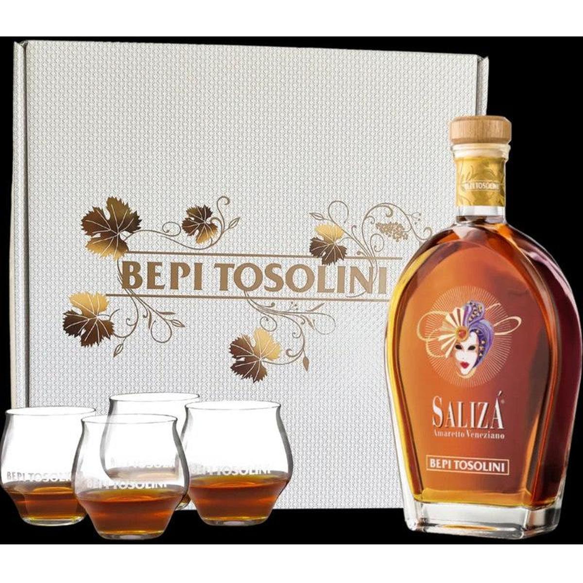 Bepi Tosolini Amaretto Saliza 28% vol. + 4 glazen 0,70 ltr.